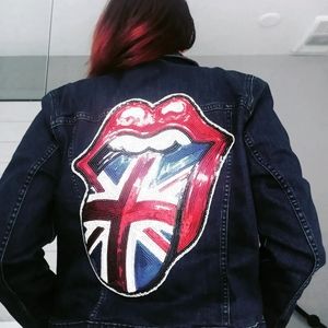 Reworked Dark Blue Denim Jacket with Rolling Stone Patches